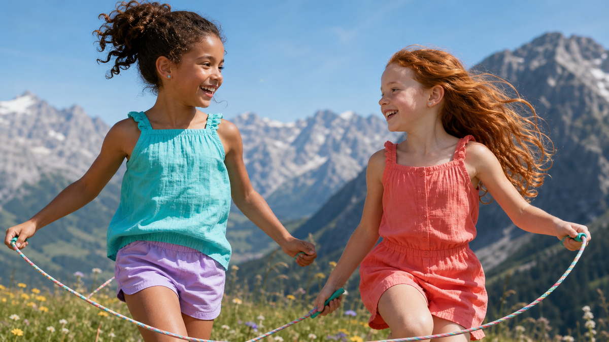 Dos niñas riendo mientras saltan a la comba en los Alpes, con pendientes pequeños Miss Earrings