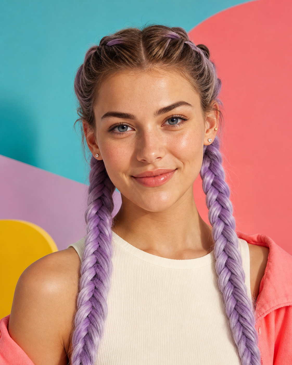 Mujer joven mirando de frente con dos trenzas lila y pendientes pequeños