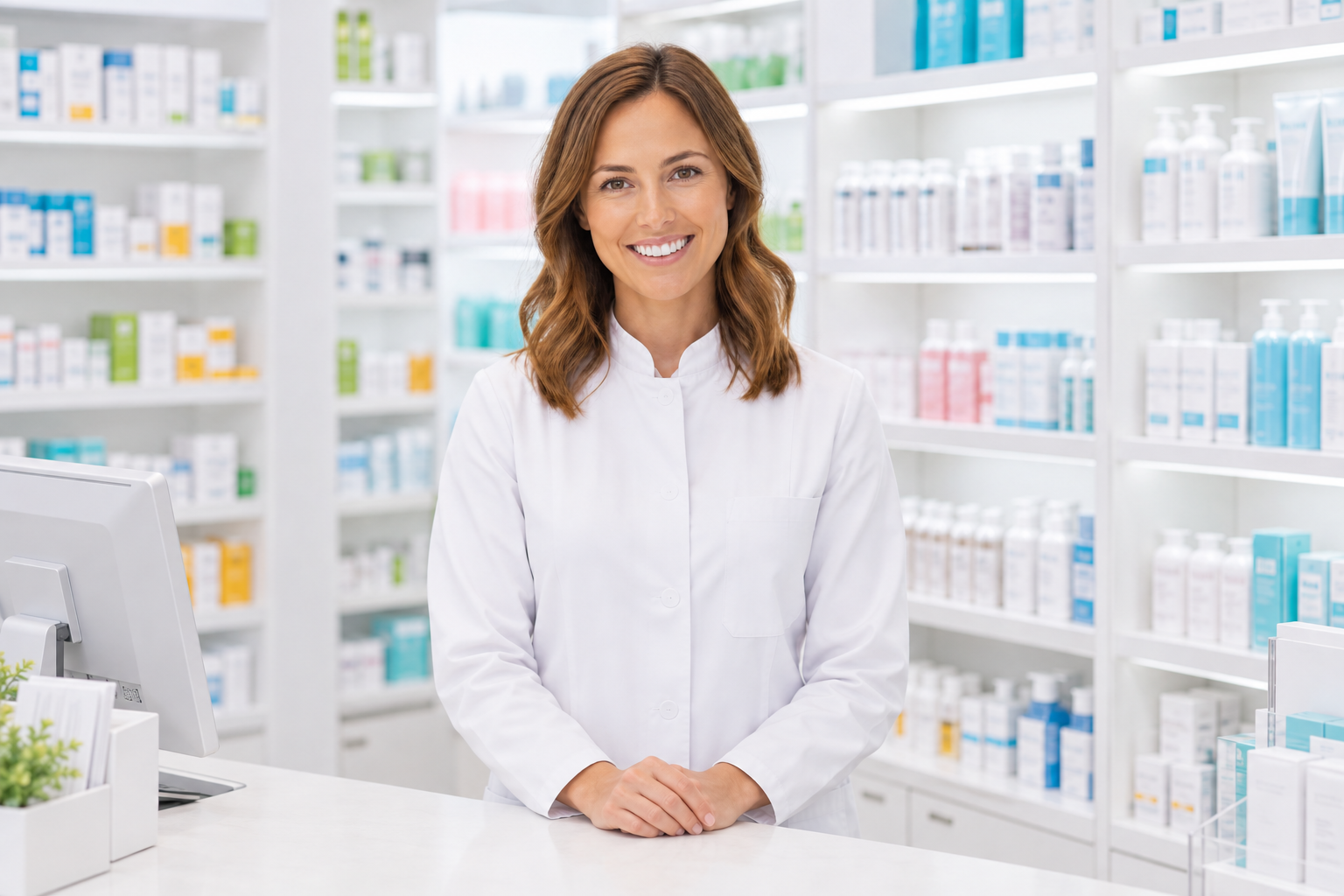 Farmacéutica en el mostrador, con la farmacia de fondo